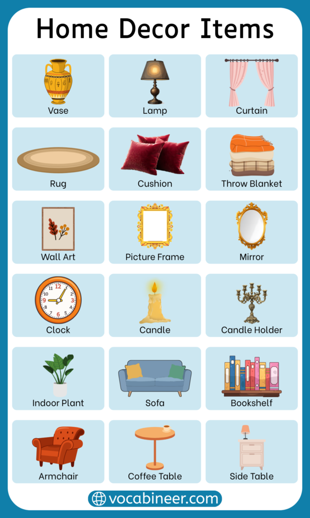100+ Home Decoration items Name with their Pictures