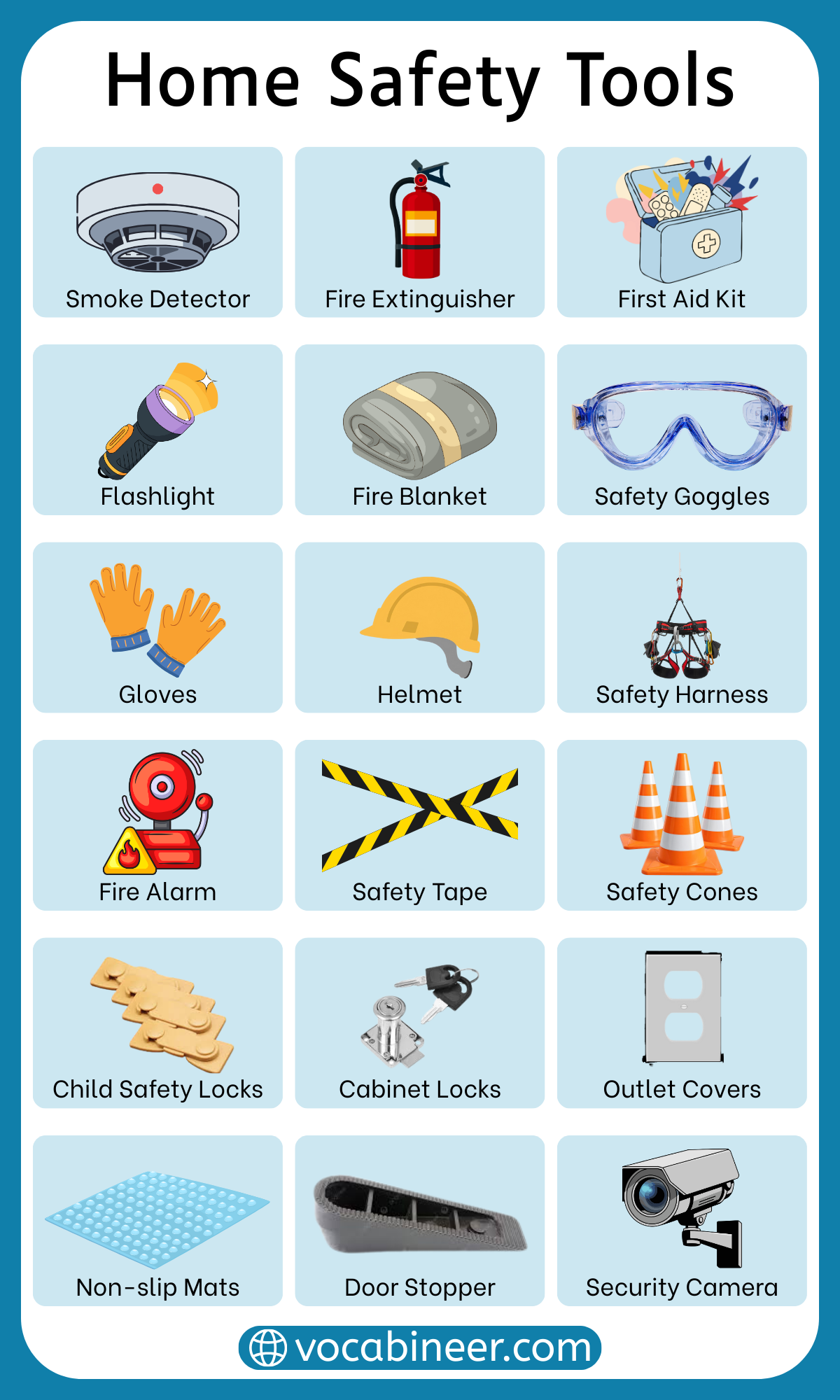 Essential home safety tools names in English with pictures including smoke alarm, fire extinguisher, first aid kit, flashlight, safety gate, and socket cover