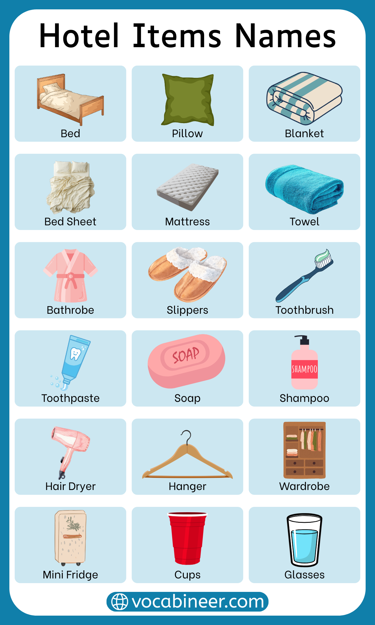 List of 100+ hotel items names in English with pictures including bed, pillow, towel, soap, kettle, room key card, television, and hotel bathroom items