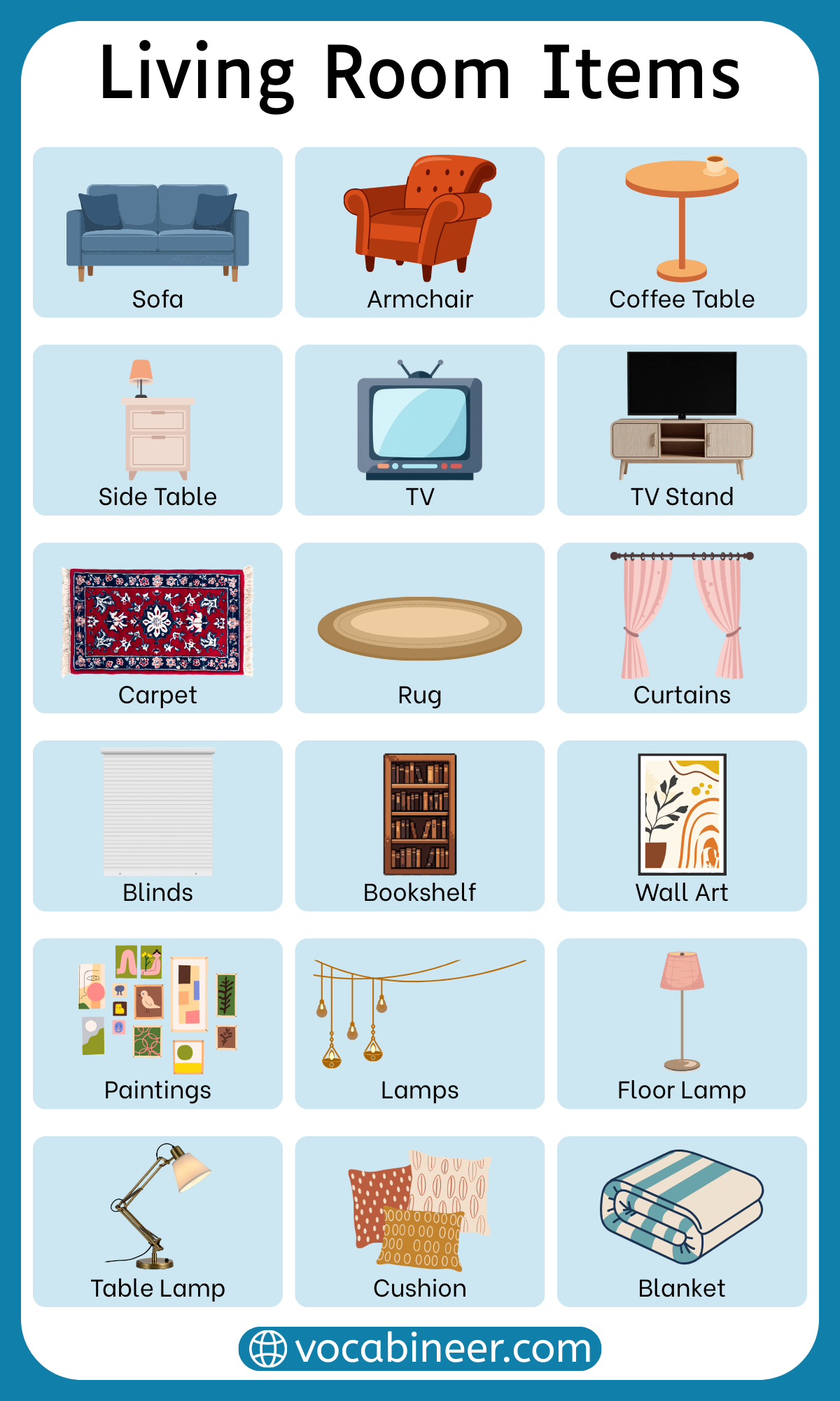 Complete list of living room items with pictures including furniture, seating items, electronics, decorations, storage units, and soft furnishings