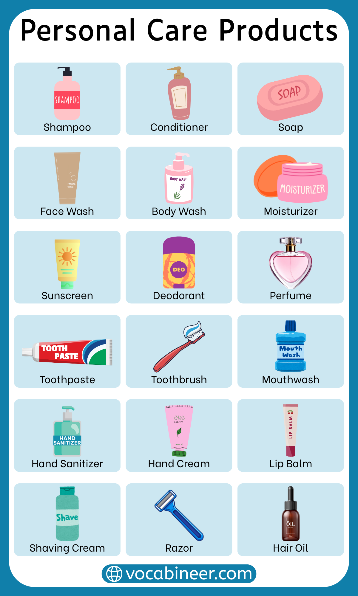 Complete list of 50+ personal care product names in English with uses and pictures including skin care, hair care, oral care, hygiene, grooming, and fragrance products