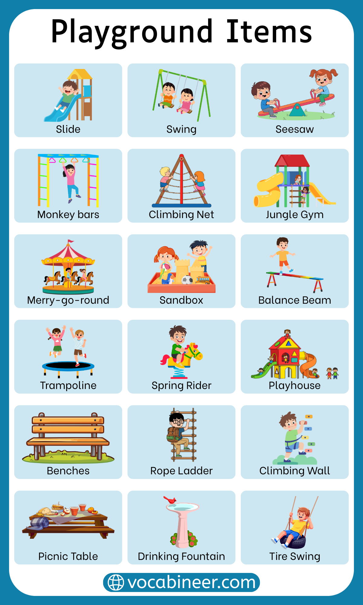 Complete list of 50+ playground equipment names for kids in English with pictures including swings, slides, climbing structures, balancing equipment, sensory play items, and indoor outdoor play equipment