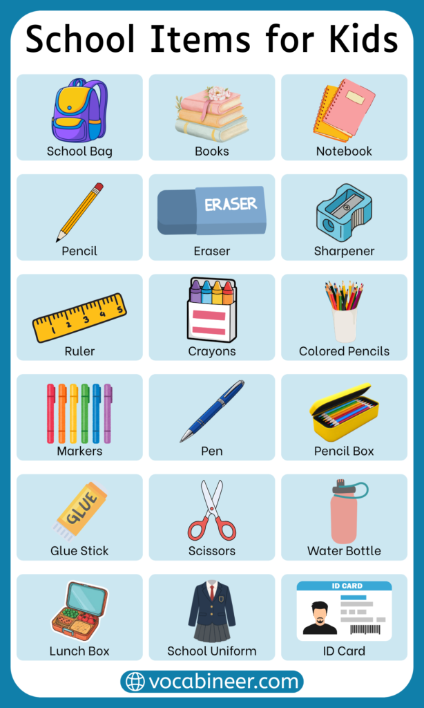 School Items Names for Kids in English With Pictures