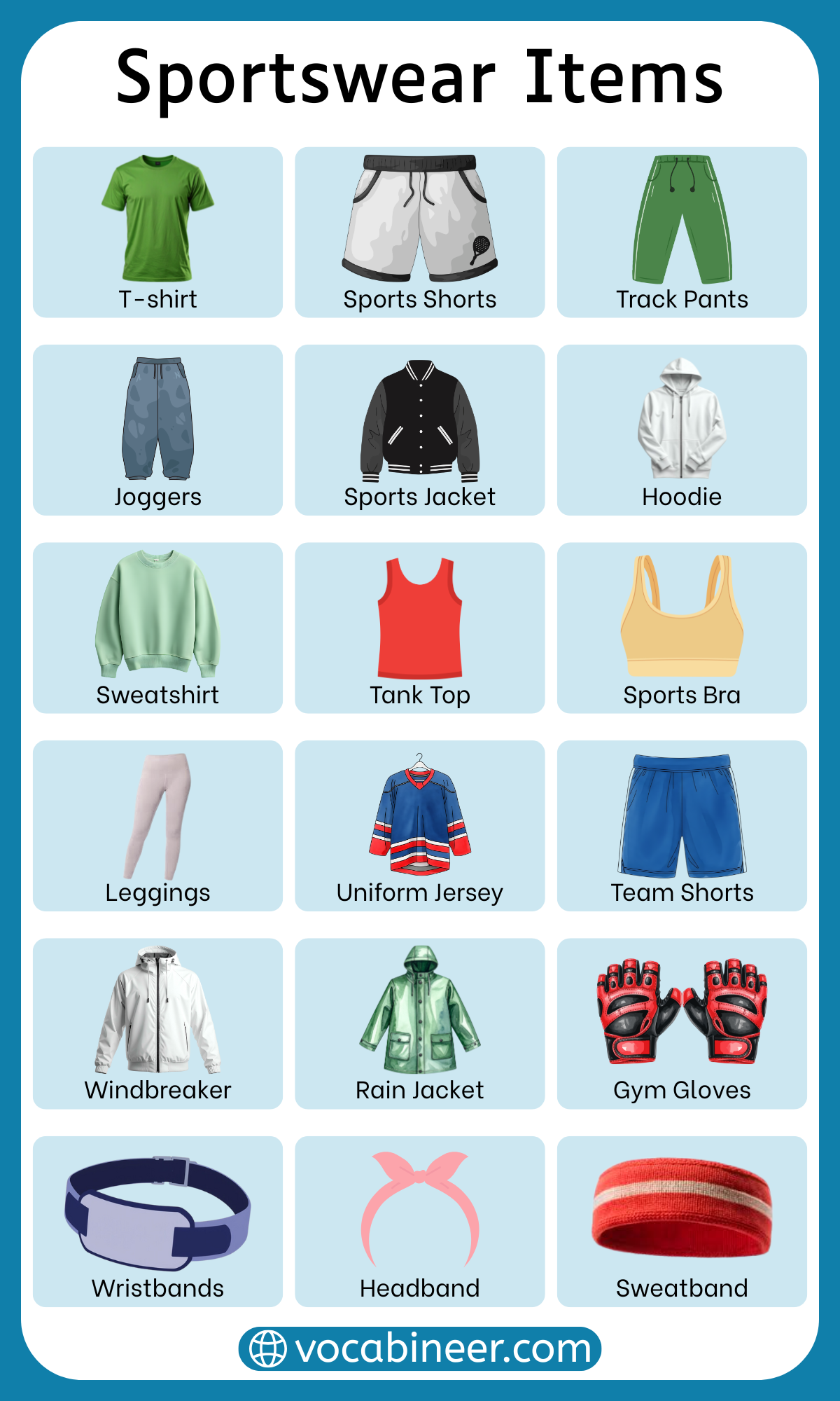 List of 100+ sportswear items in English with pictures including T-shirt, jersey, shorts, leggings, trainers, tracksuit, cap, gloves, and sports socks