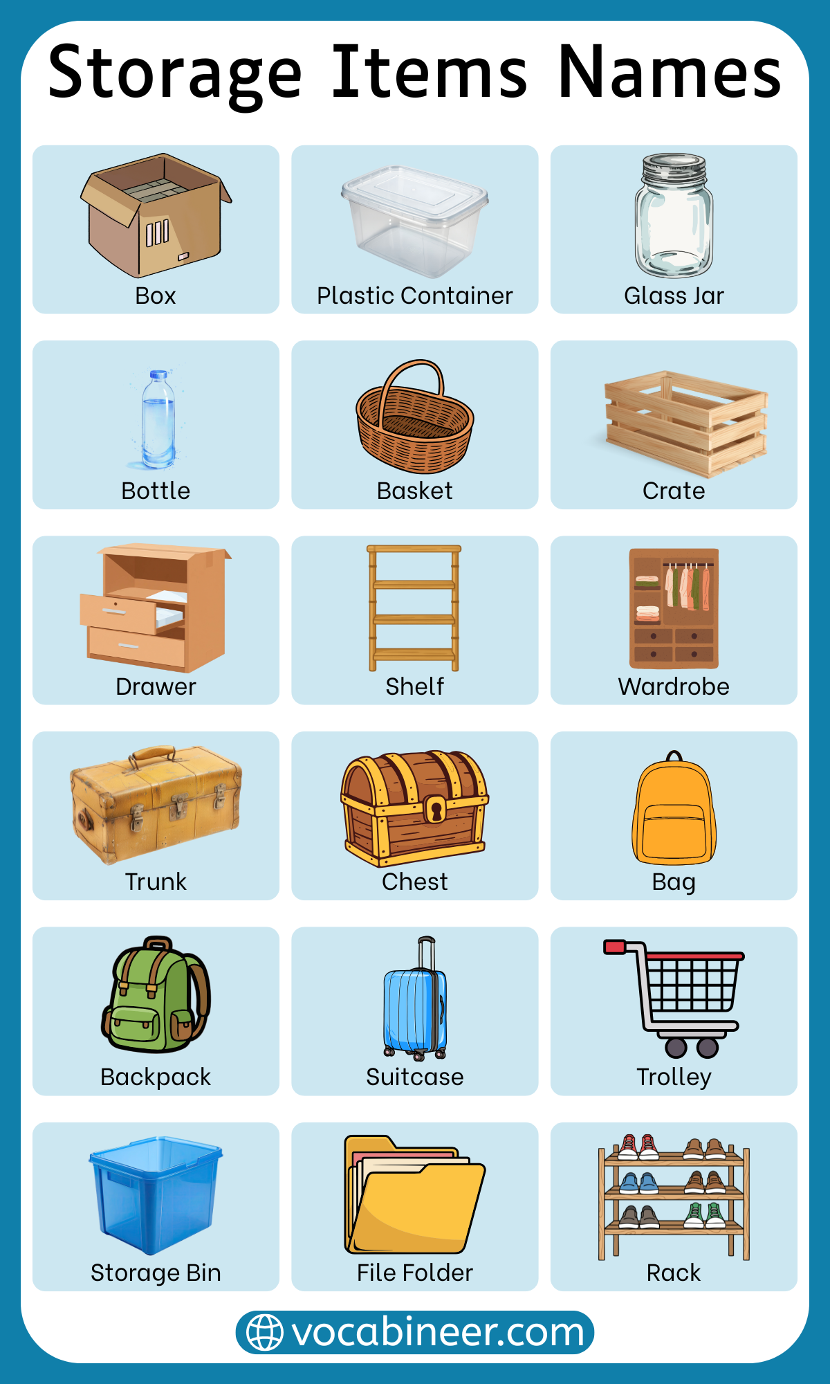 Complete list of storage items names in English with pictures and uses including household storage items, storage containers, organizers, shelves, racks, and furniture