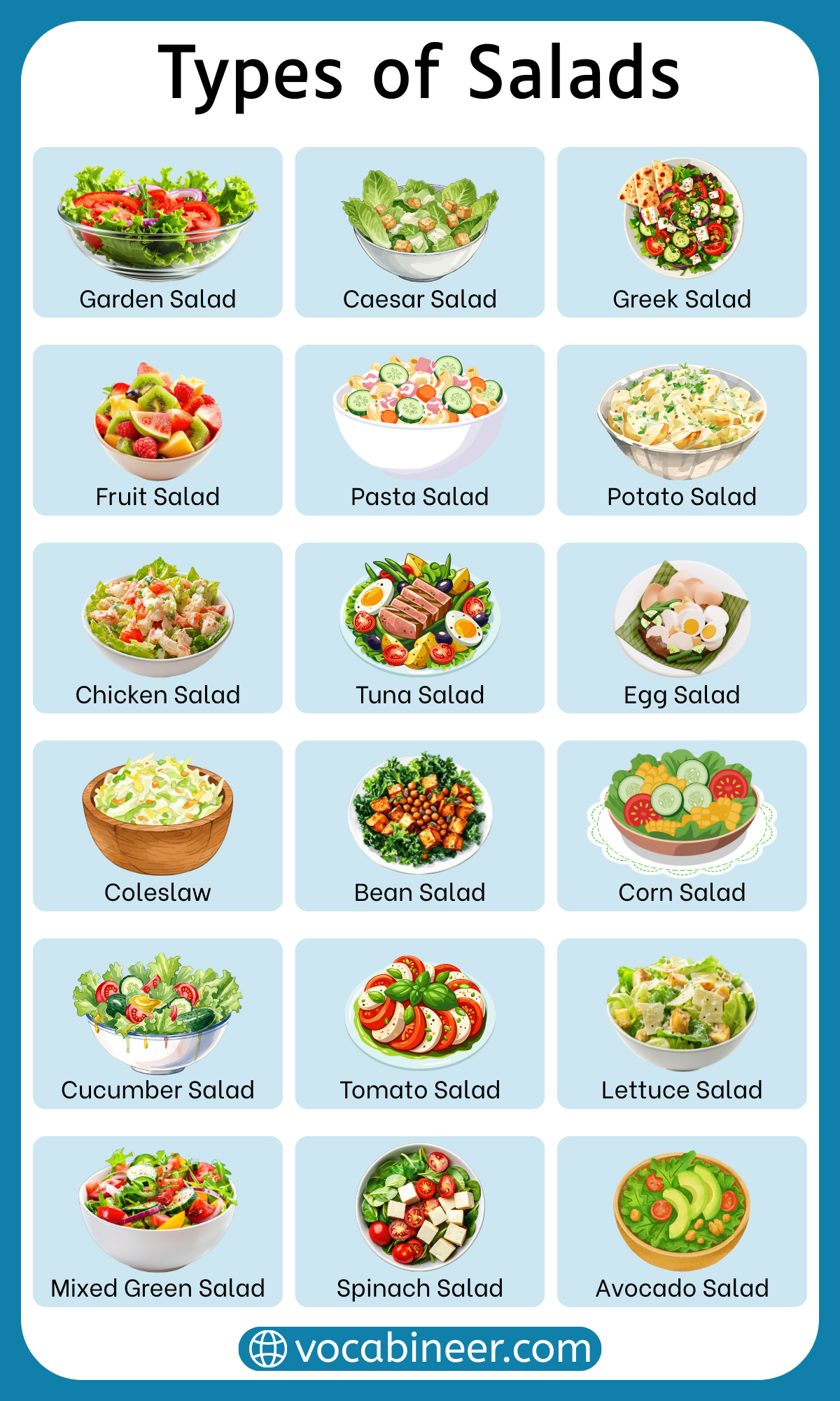 Complete list of different salad types in English with pictures including fruit salads, vegetable salads, pasta salads, grain salads, protein salads, and special salads
