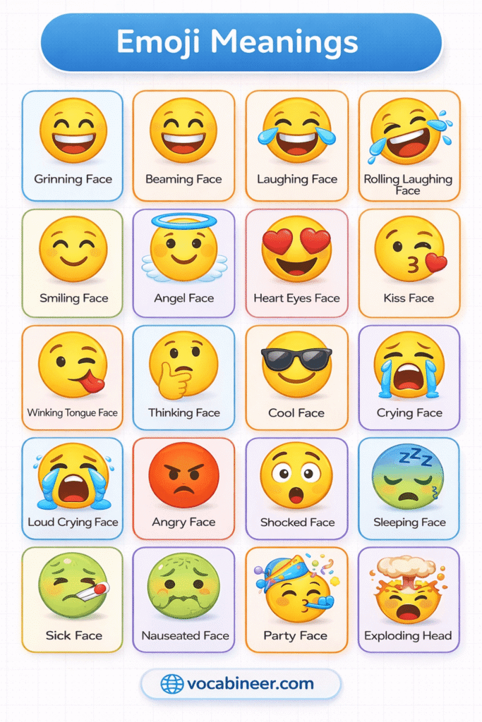 100+ most common emojis and their meanings in English with examples showing face emojis, heart emojis, hand emojis, and common texting emojis