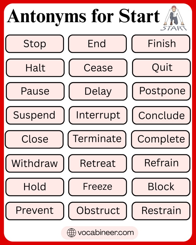 25 Antonyms for Start with Meanings in English