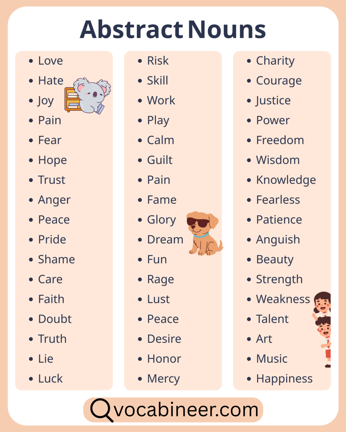 List of 100 Abstract Nouns Examples in English