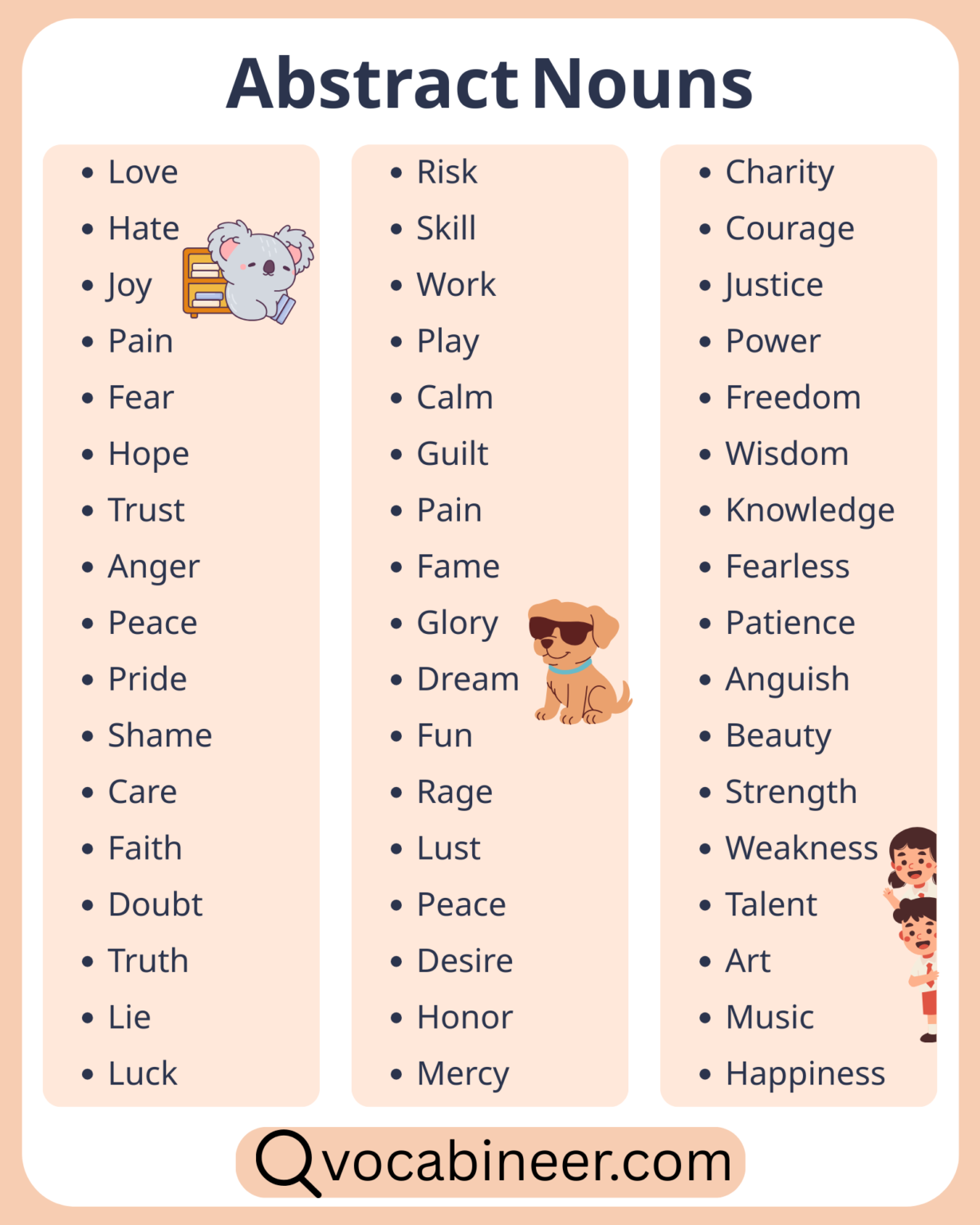 List of 100 Abstract Nouns Examples in English