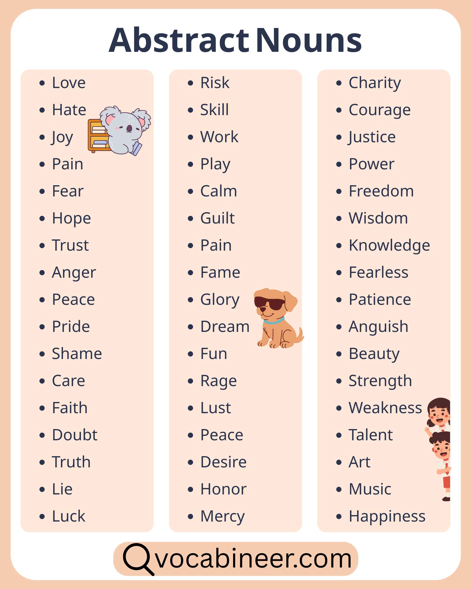 List of 100 abstract nouns examples in English in a visual guide