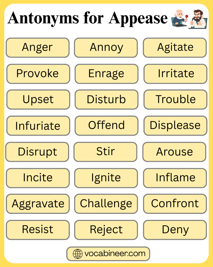 Antonyms for Appease | 30 Opposite Words List with Meanings in English