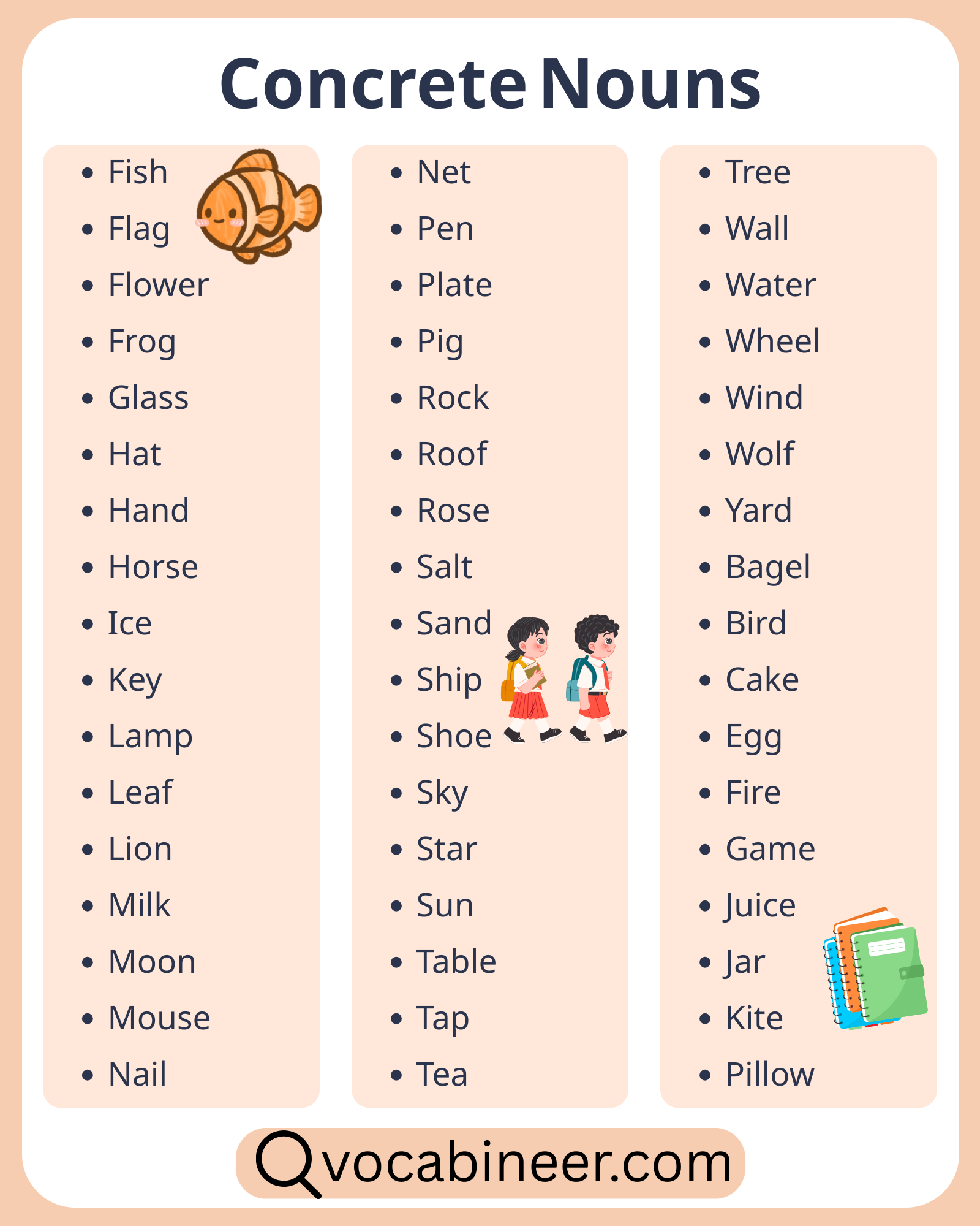 150 concrete nouns in English with examples, including people, animals, places, and things in a simple and easy-to-follow guide.