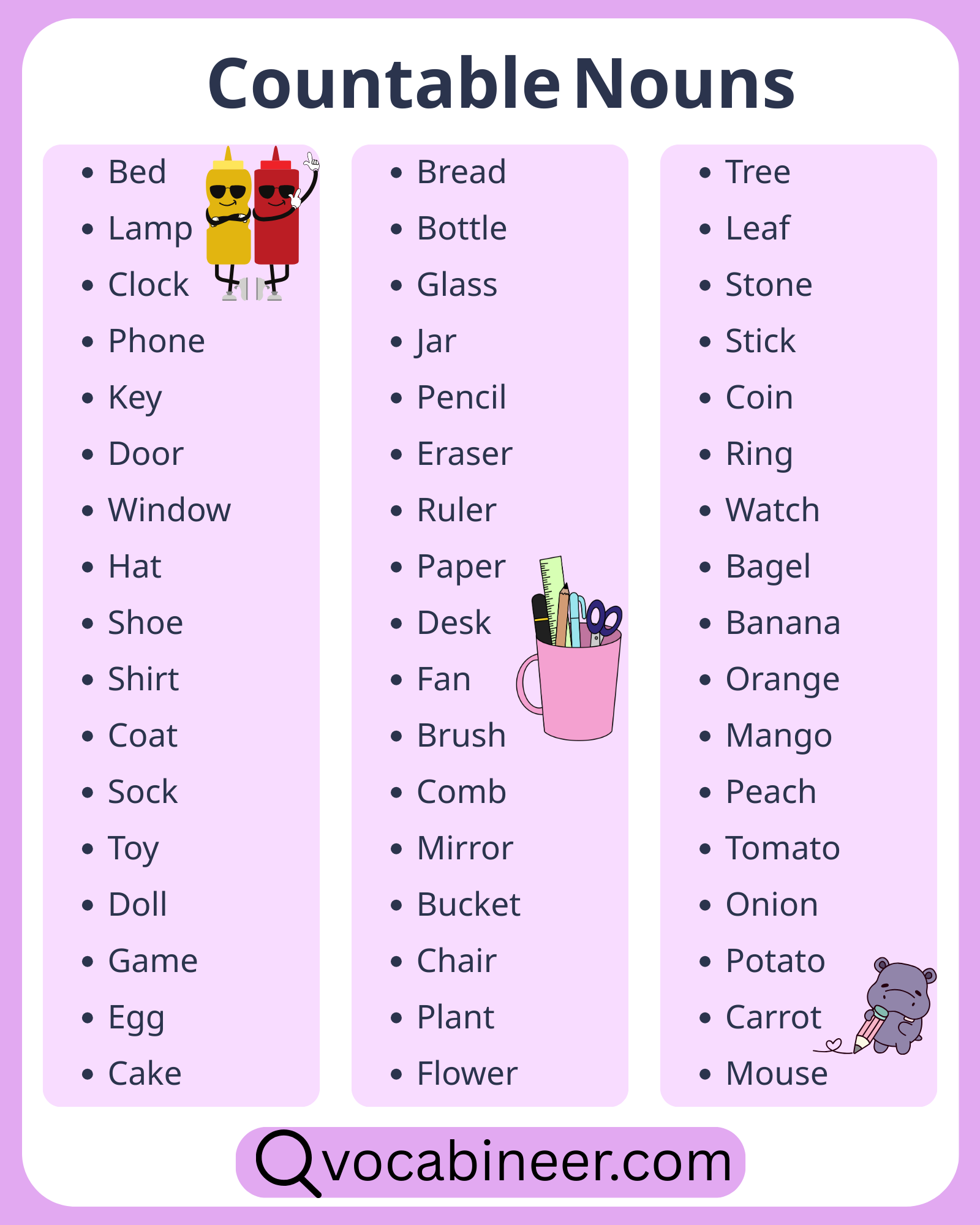 100 examples of countable nouns list in English, including everyday nouns, people, animals, places, and things in a simple guide.
