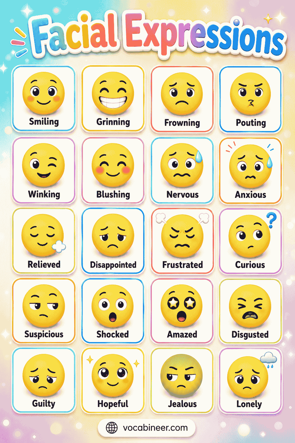 A facial expressions vocabulary chart showing common emotion and body language expressions with simple English labels and picture examples.