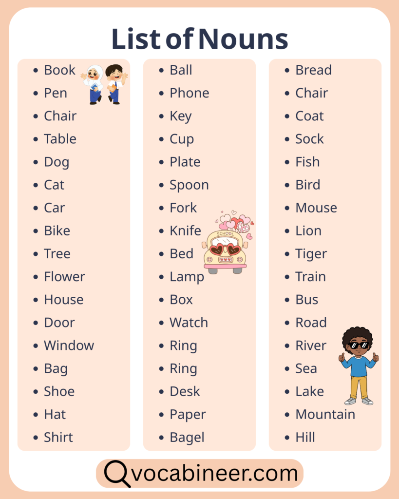 100 examples of nouns including people, places, things, animals, and ideas