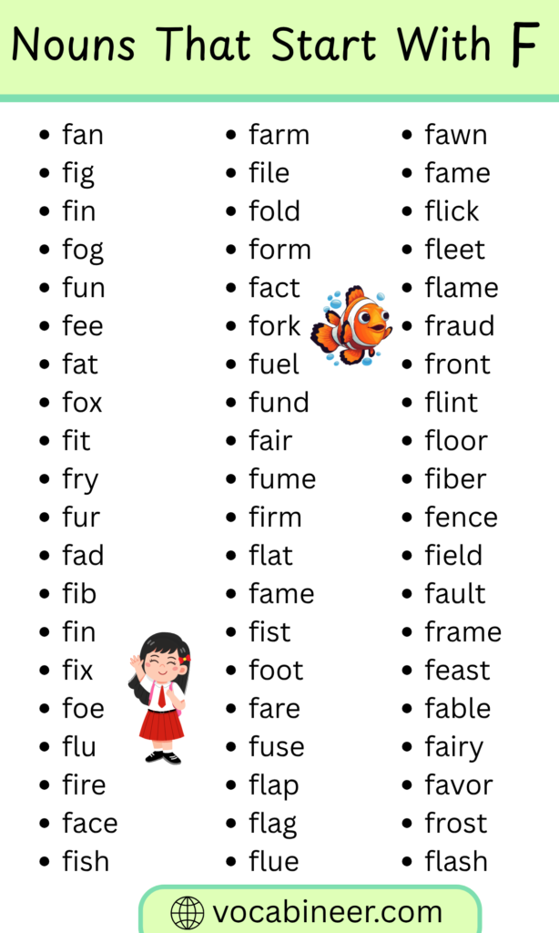 450 nouns that start with F in English complete list with common F nouns organized by category