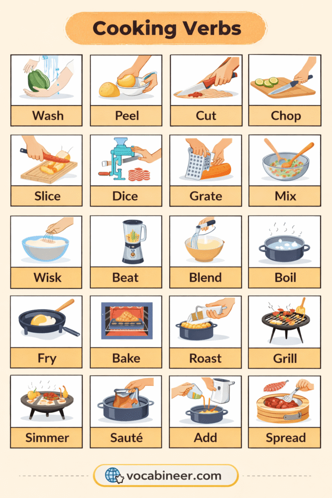 Complete list of cooking verbs in English with pictures including preparation verbs and cooking methods