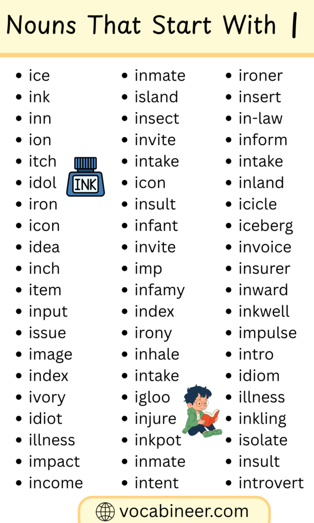 555 nouns beginning with I in English full list organized by category with common and academic I nouns