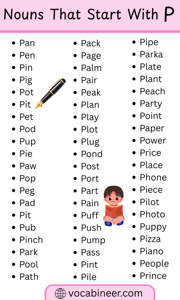 560 nouns beginning with P in English full list organized by category with common and academic P nouns