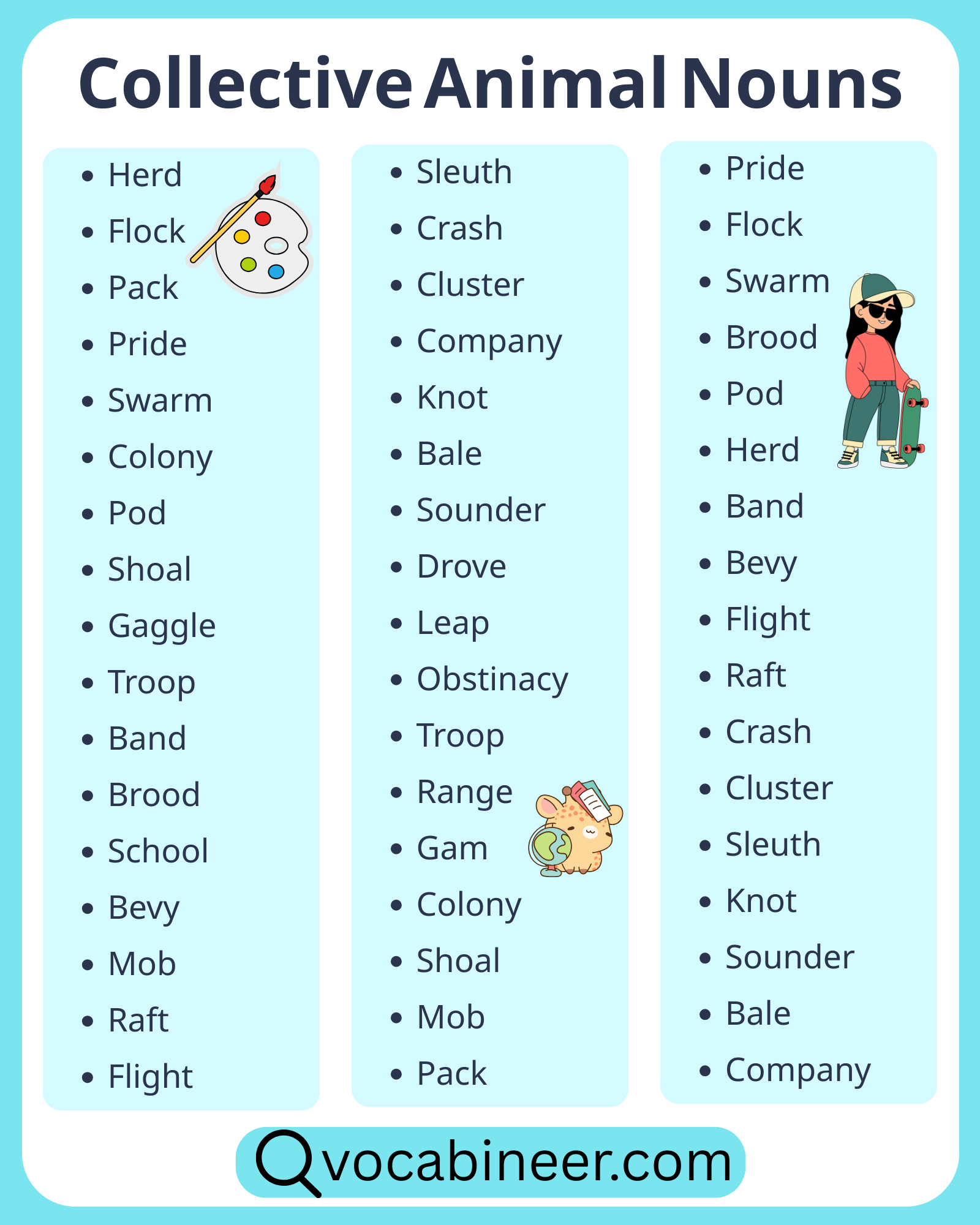 100 collective nouns for animals in English with examples, including common animal group names for birds, sea animals, insects, and more.