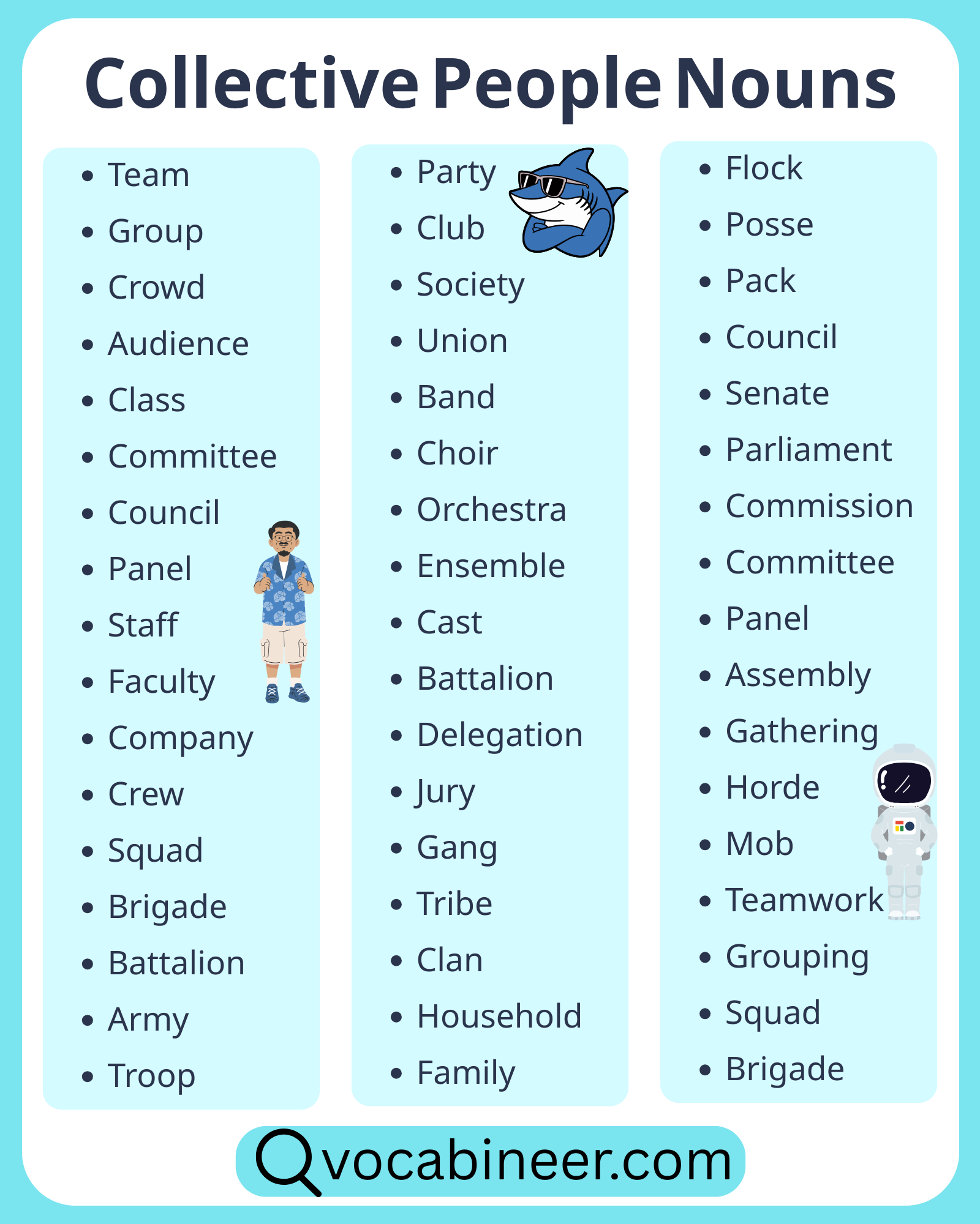 100 examples of collective nouns for people in English, including common group names, work groups, public groups, and social groups.