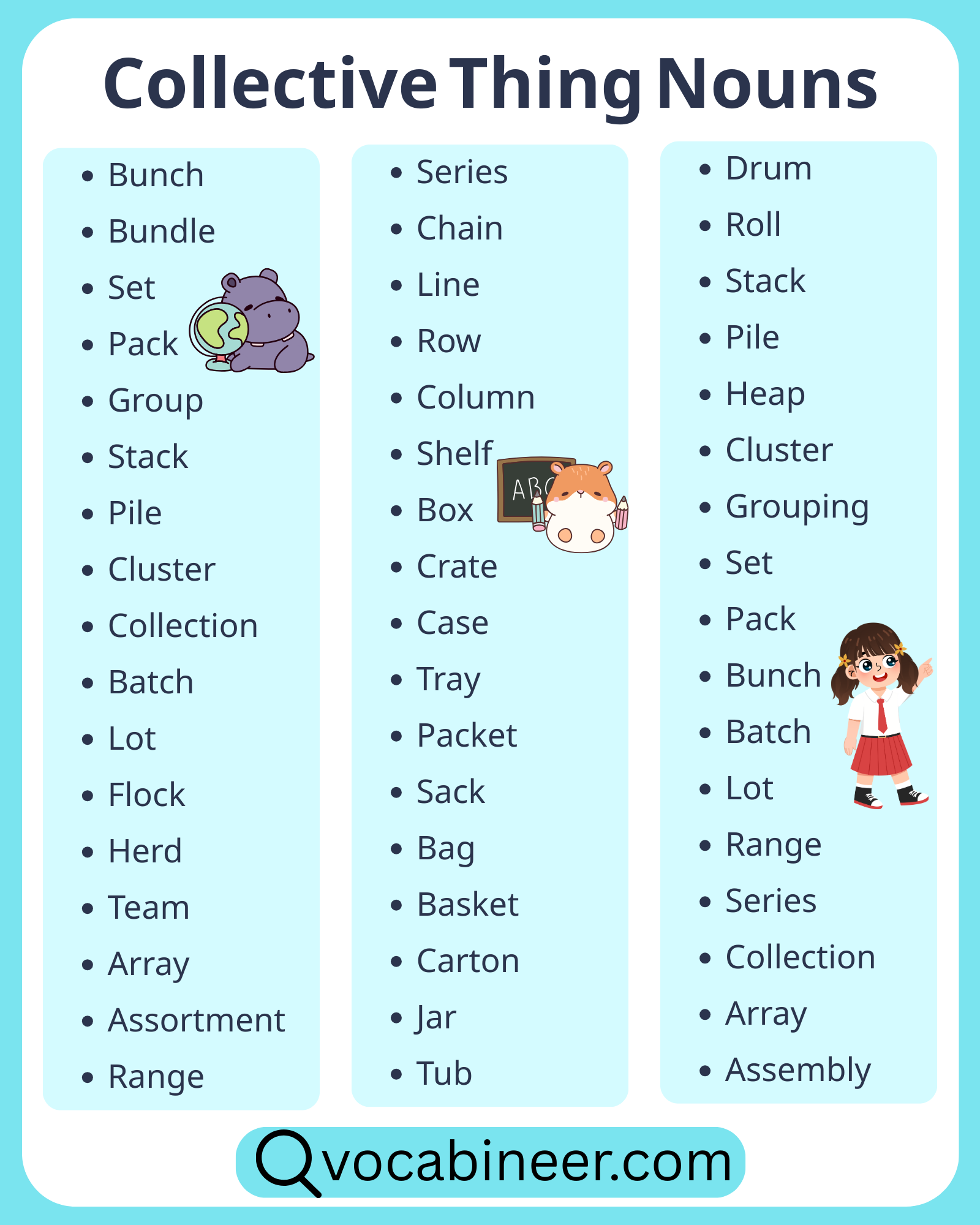 Collective thing nouns list in English with examples, featuring words like fleet, bouquet, bunch, set, stack, and pack