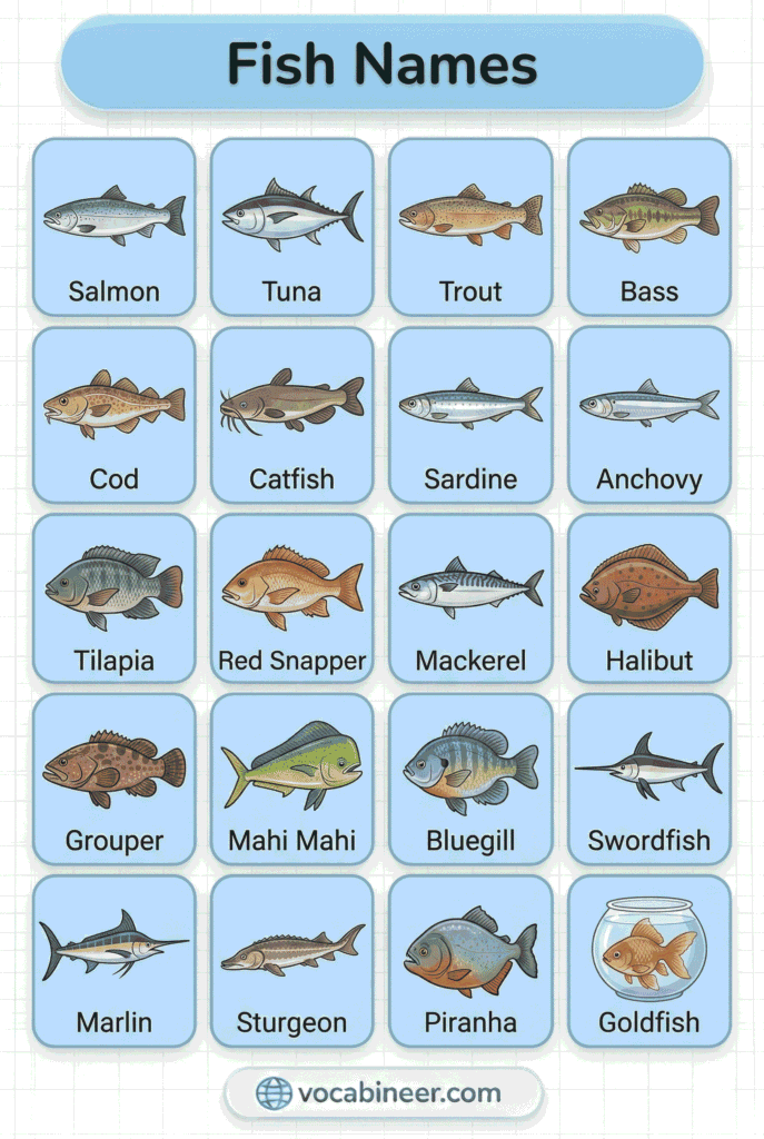 Common fish names in English with labeled pictures in a fish vocabulary chart for ESL learners