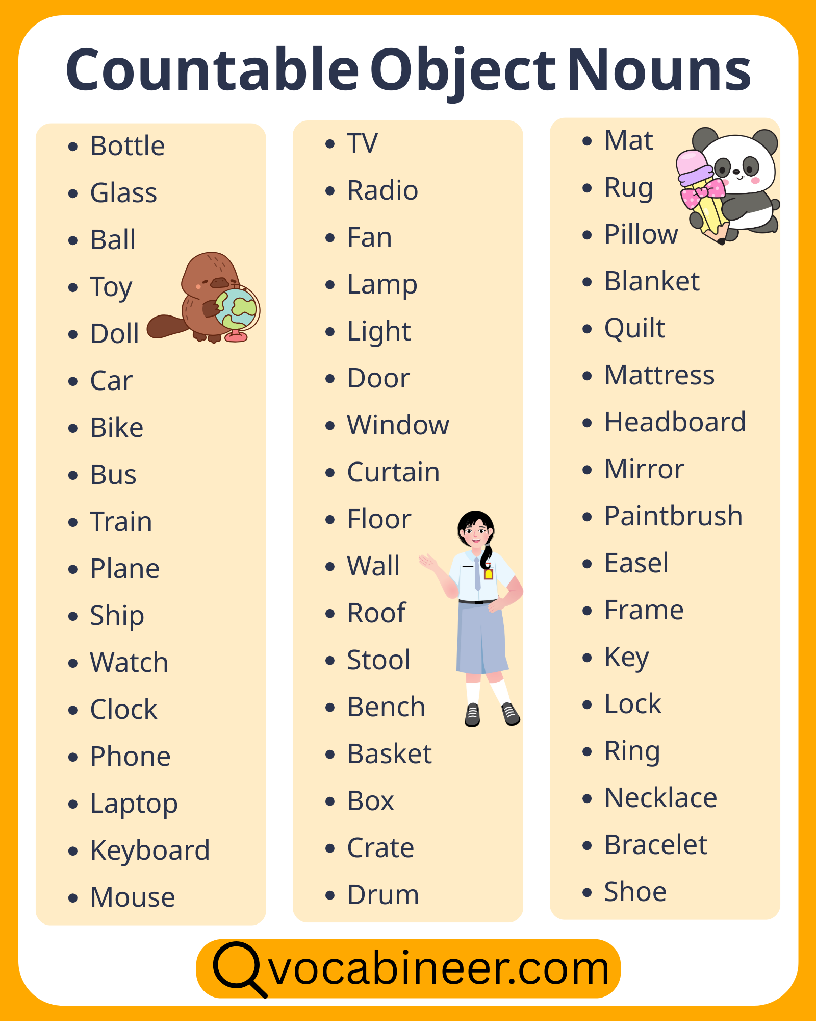 100 countable object nouns in English with examples, featuring everyday items like book, chair, cup, bag, bottle, and table