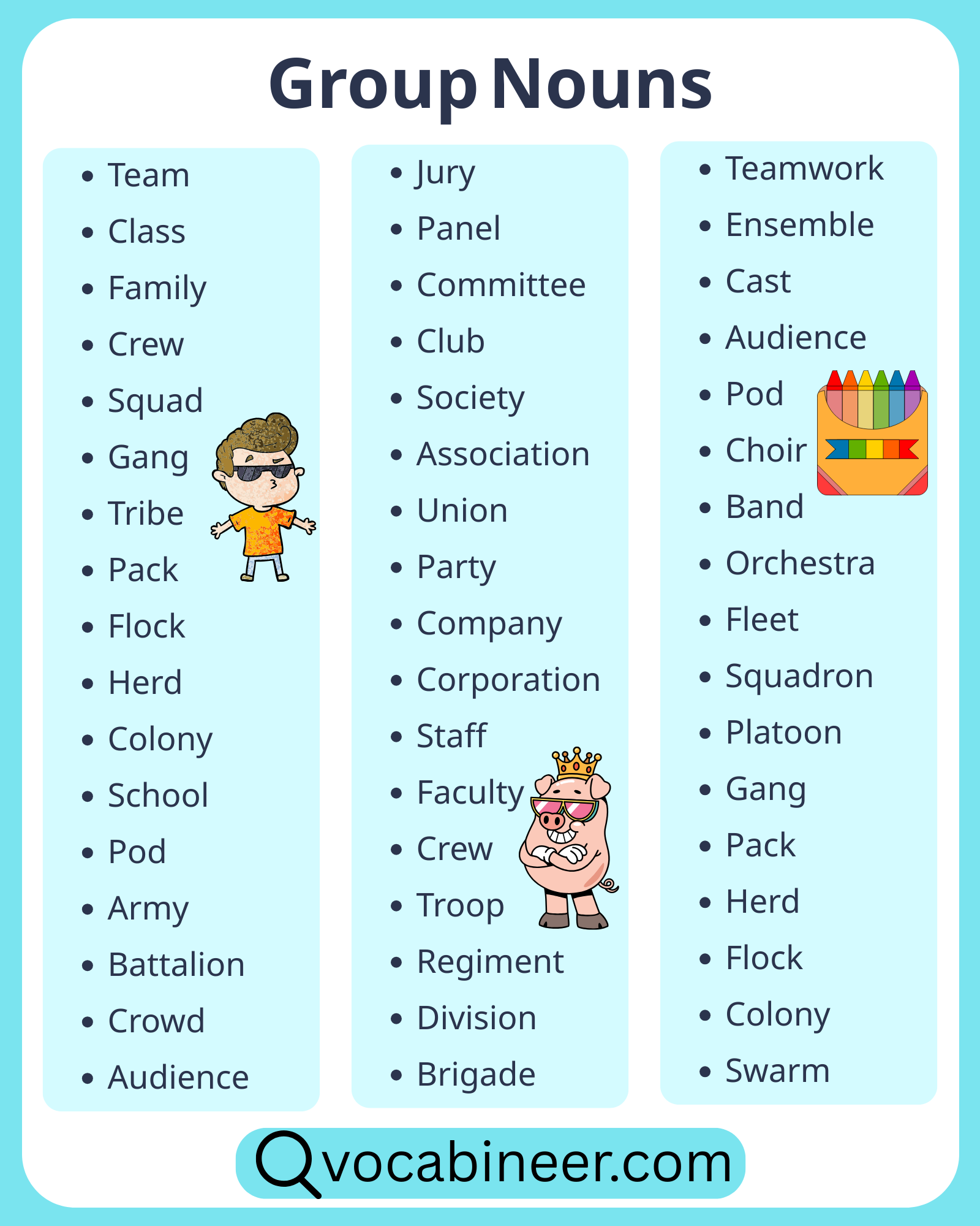 List of common group nouns in English infographic