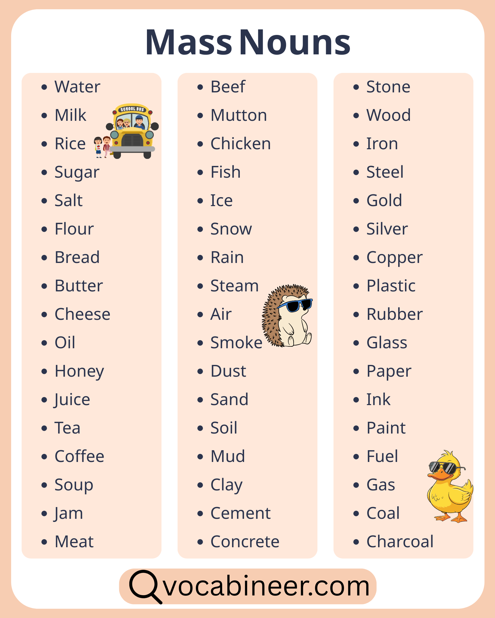 A list of 120 mass nouns in English with clear examples, grouped sections, a short comparison table, and simple sentences for learners.