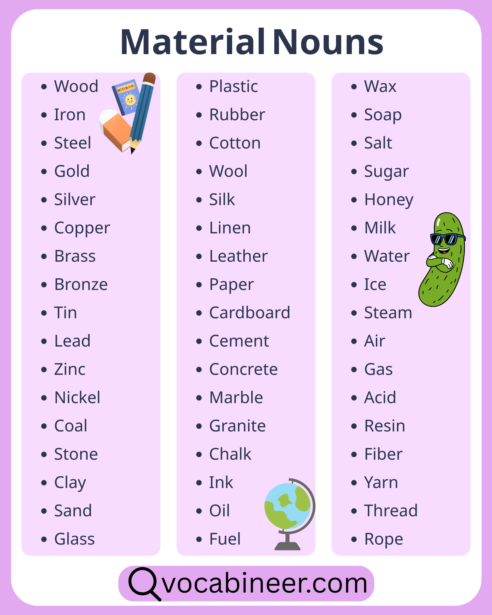 A useful list of 100 material nouns in English with examples of metals, fabrics, building materials, natural materials, and everyday materials.