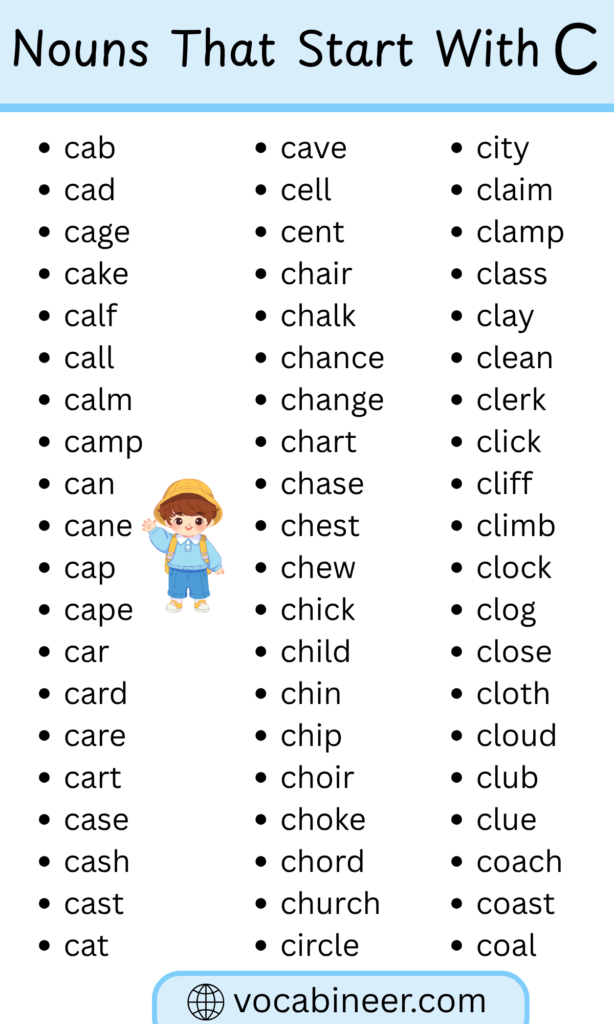 Nouns that start with C with 550 words in English with meanings in a complete noun list