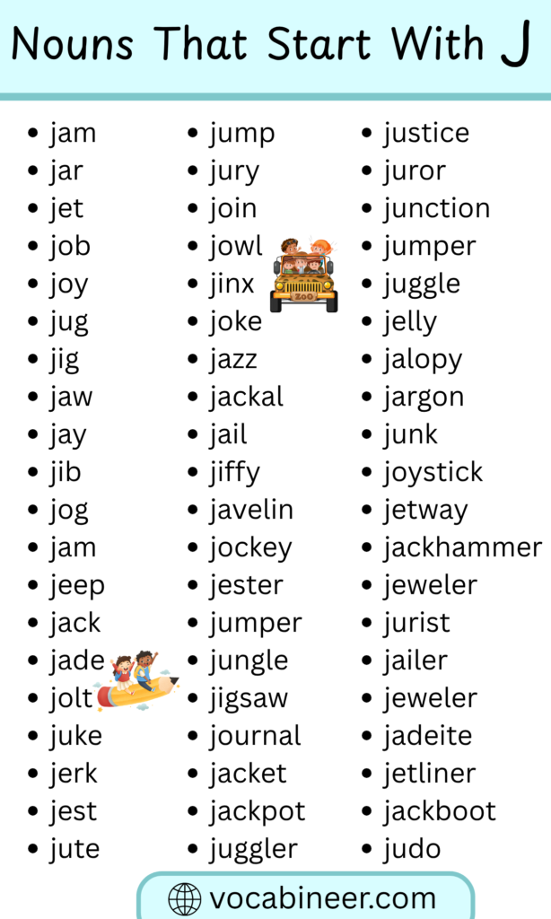 350 nouns that start with J in English complete words list organized by category with common and kid-friendly J nouns