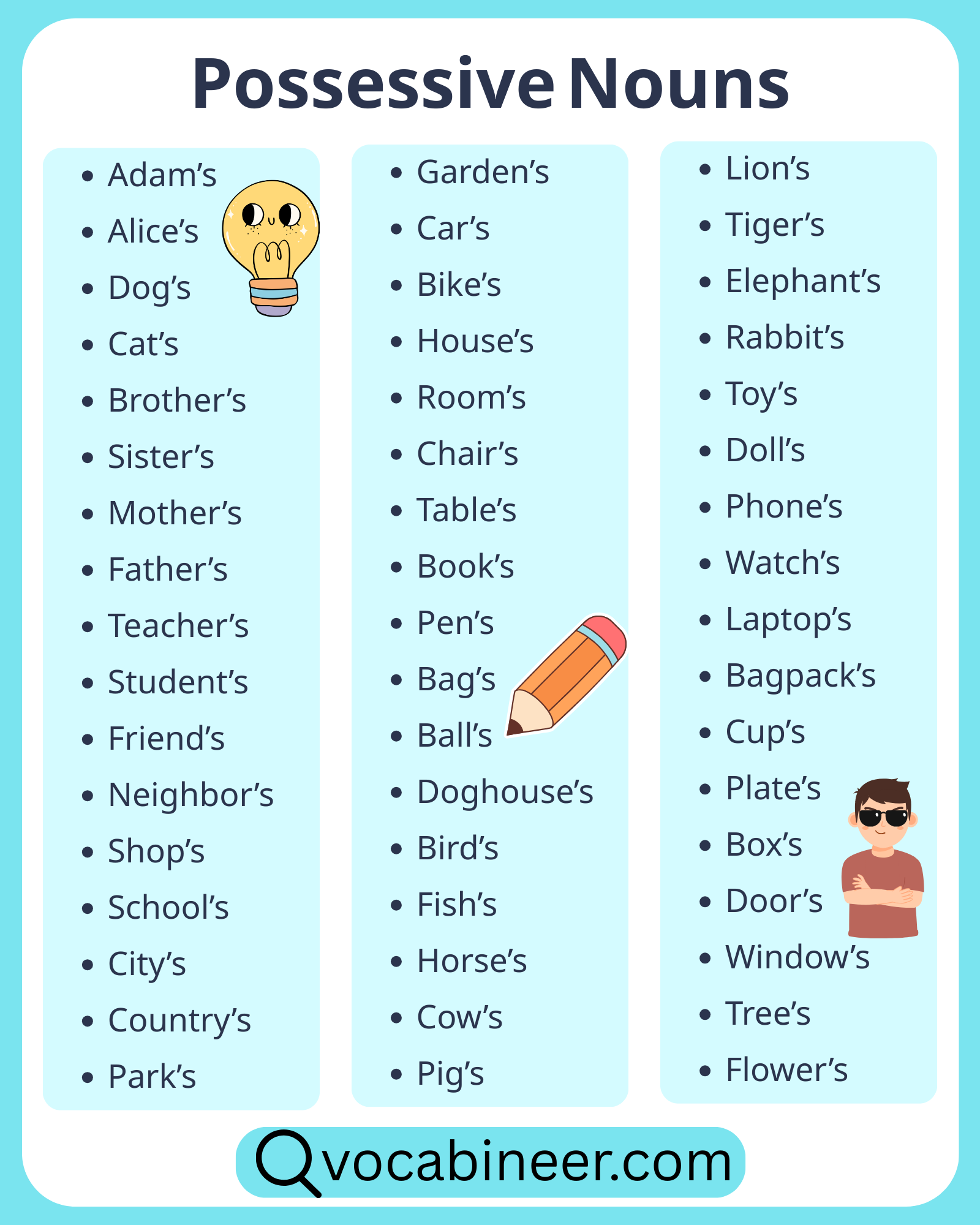 A useful list of 100 possessive nouns in English with examples of singular, plural, and irregular possessive nouns in one simple guide.