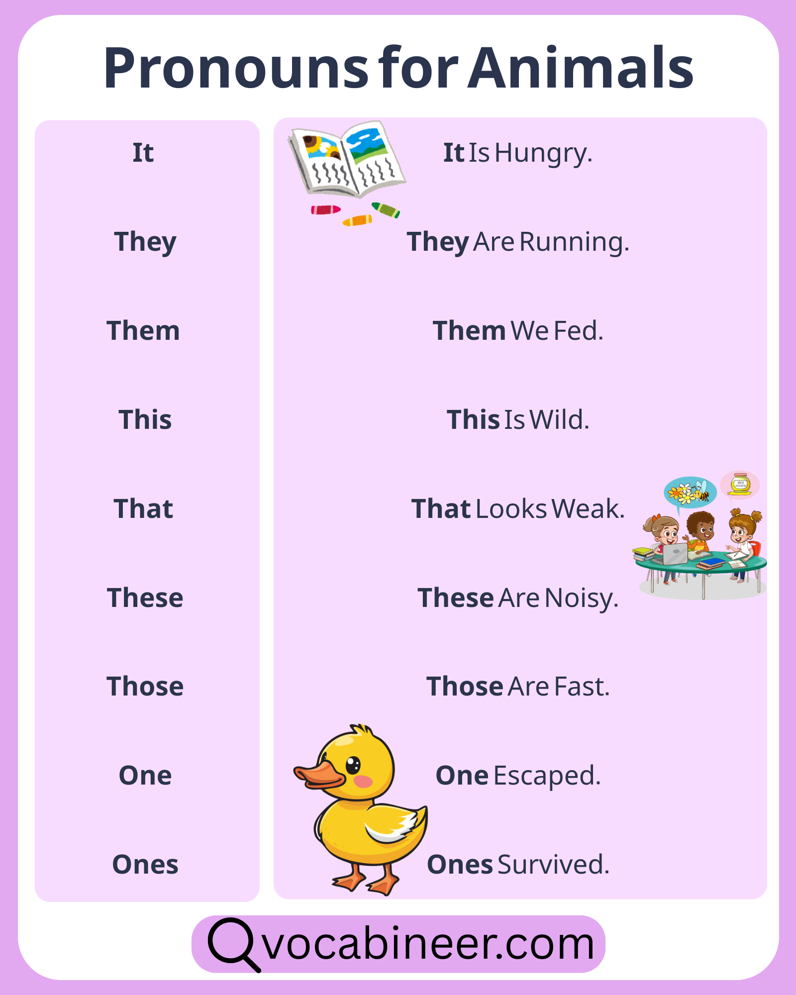 Pronouns for animals in English with examples, including it, he, she, they, its, and their.