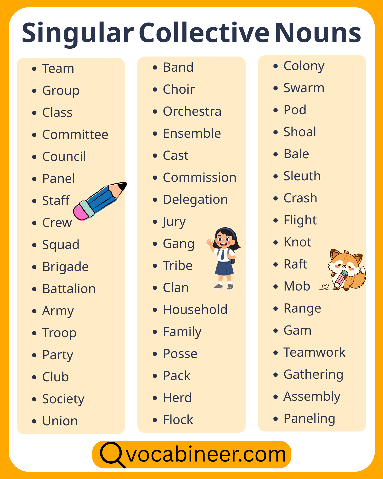 A useful list of 100 singular collective nouns in English with examples for people, animals, and things in one clear guide.
