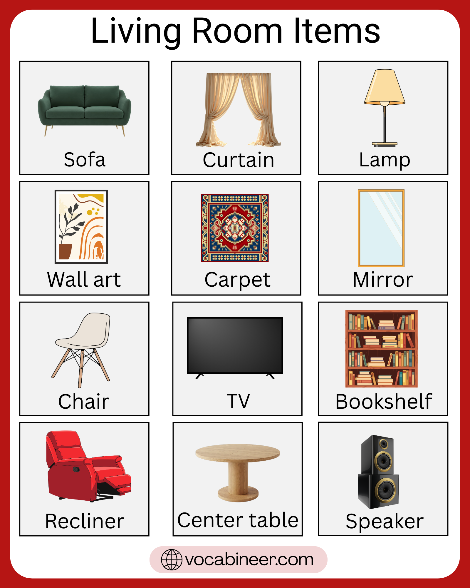 120+ living room items names in English with pictures showing sofa, armchair, coffee table, TV stand, rug, curtains, floor lamp, and wall decor