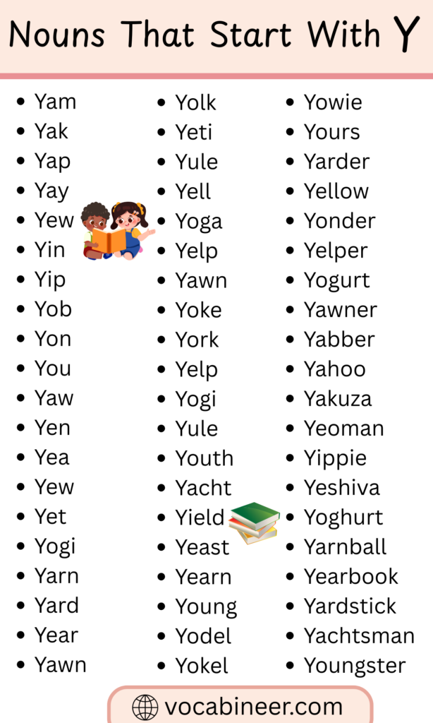 Nouns That Start With Y chart showing common and academic English words organized in a structured list