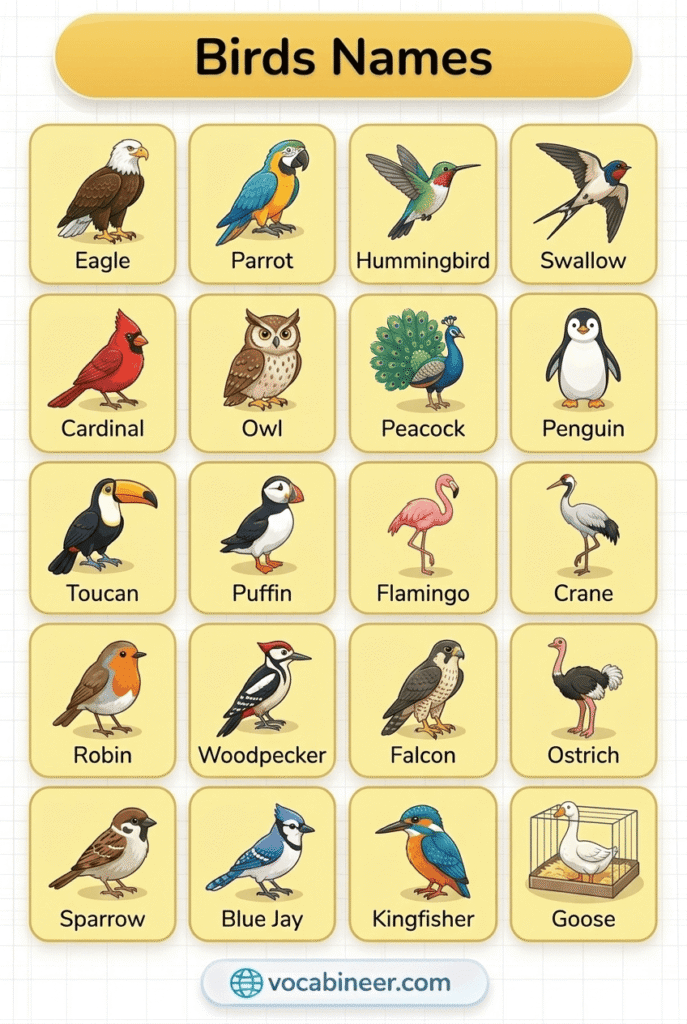 30+ birds names in English with pictures chart showing common farm birds, pet birds, water birds, birds of prey, and wild birds