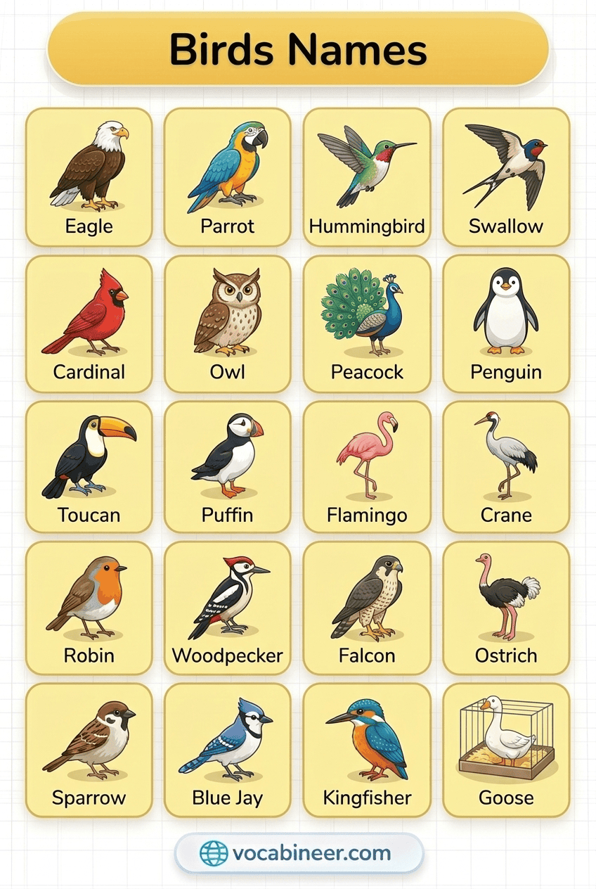100+ bird names in English with pictures showing sparrow, pigeon, crow, parrot, peacock, eagle, owl, duck, swan, penguin, flamingo, and kingfisher