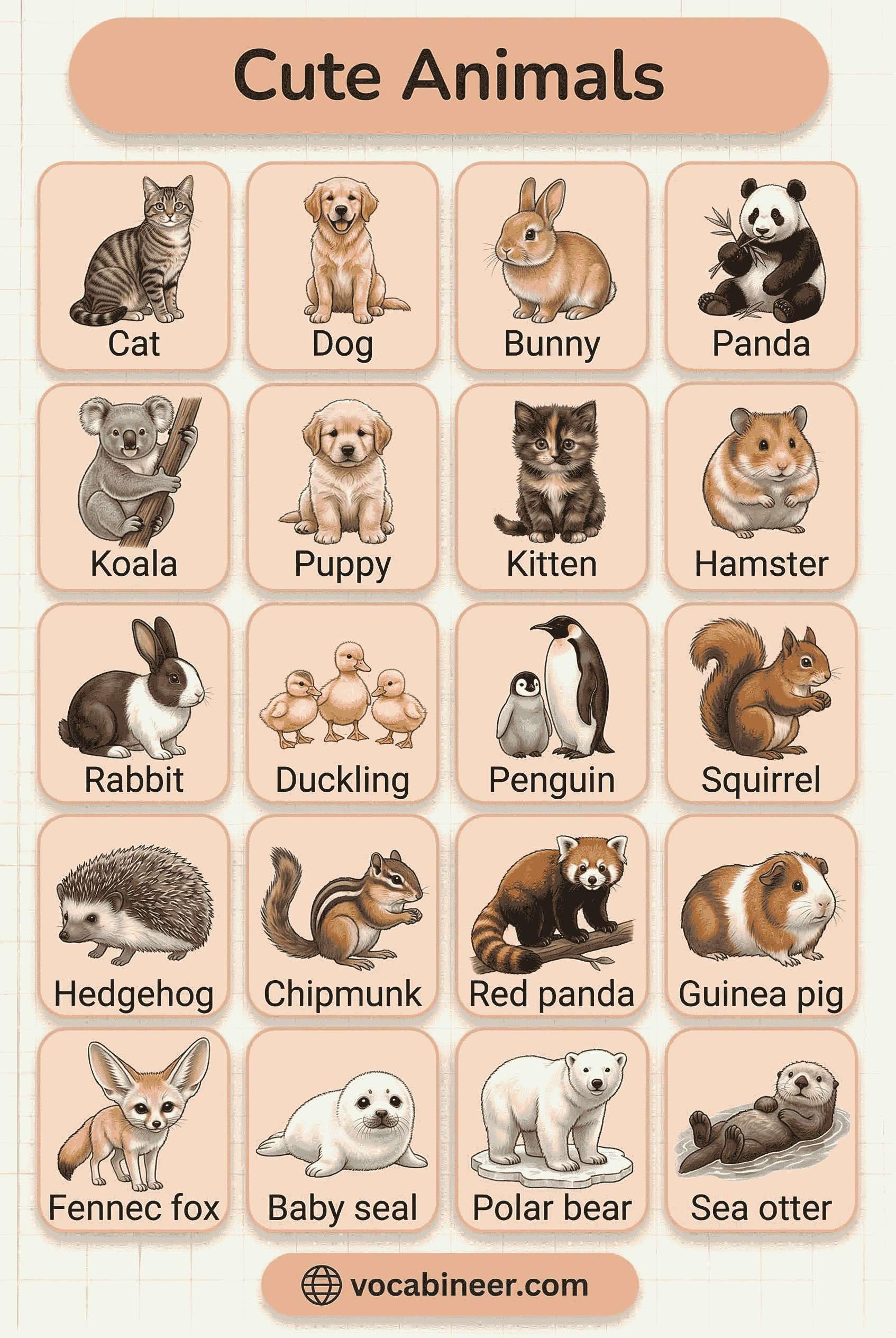 30+ Cute Animals Names in English With Pictures including rabbit, puppy, kitten, hamster, panda, koala, penguin, and duckling