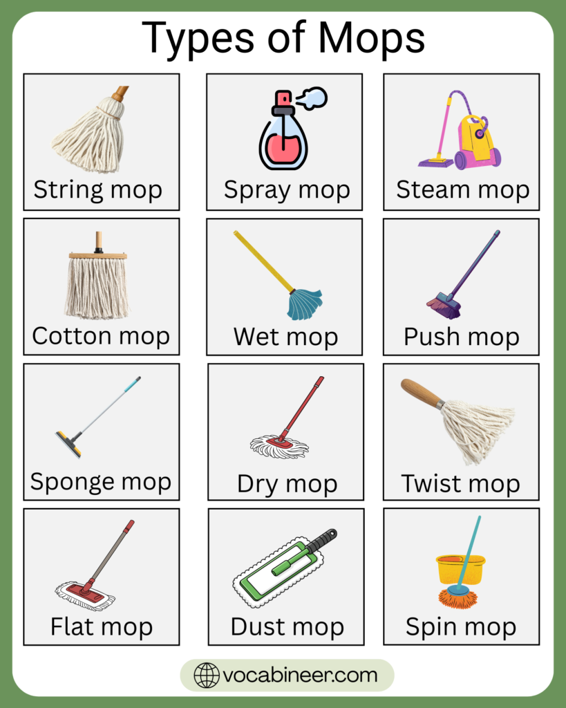 40+ different types of mops with names and pictures showing string mop, flat microfiber mop, spray mop, spin mop, steam mop, dust mop, and squeegee mop