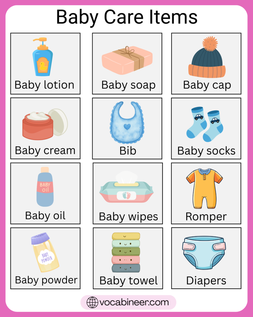 50+ baby care items in English with names and pictures showing diapers, wipes, feeding bottle, bib, onesie, crib, stroller, and other baby essentials