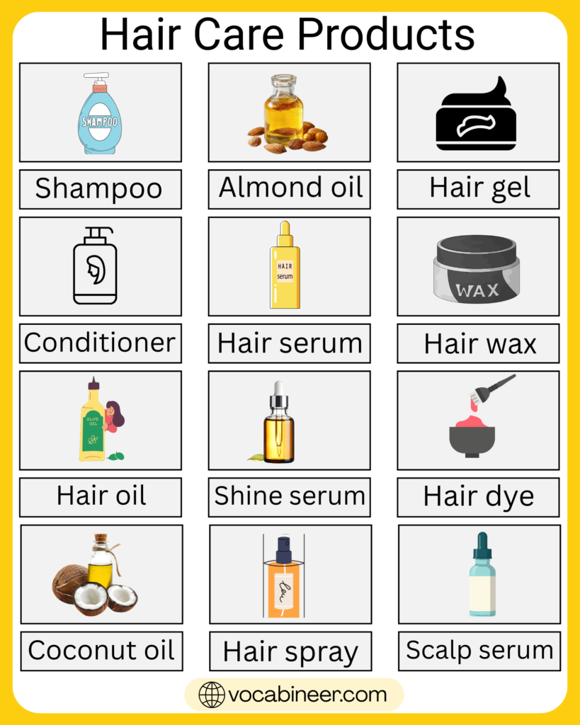 Hair care products names in English with pictures showing shampoo, conditioner, hair oil, serum, hair mask, and styling products