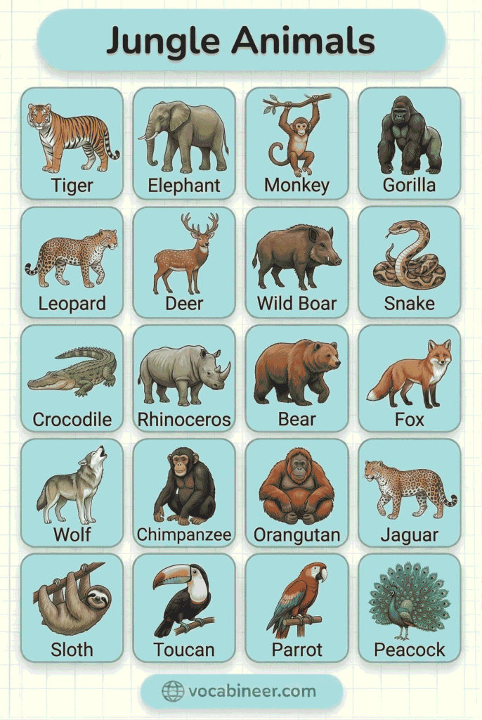 50+ jungle animals names in English with pictures chart showing common jungle mammals, birds, reptiles, and amphibians