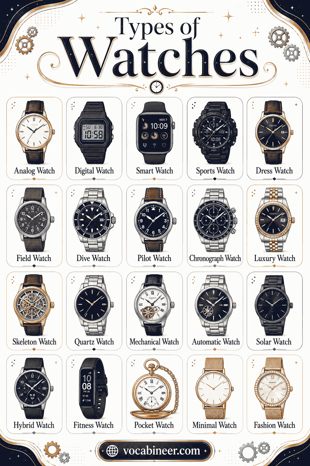 A visual infographic showing common types of watches with clear pictures and names, designed for easy recognition and learning.