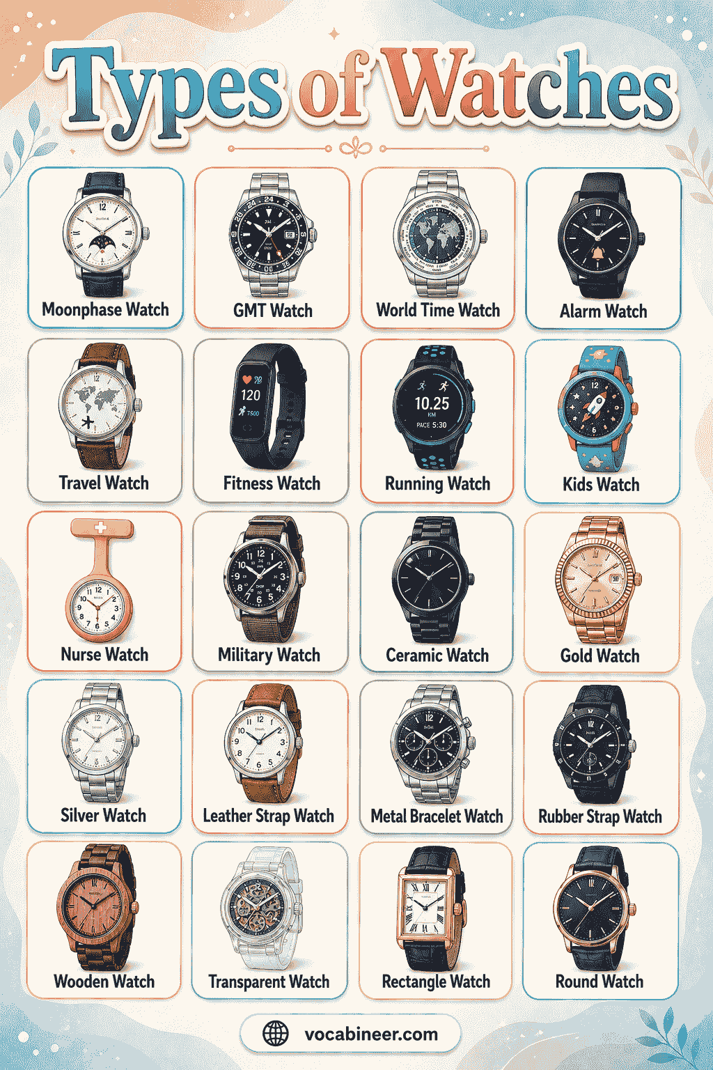 A simple educational image showing common watch styles with clear labels and visual examples.