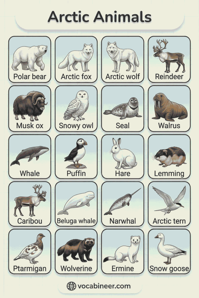 complete list of 30+ Arctic animals names in English with pictures showing common Arctic land mammals, marine animals, birds, and fish