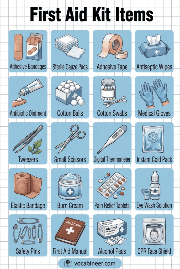 Complete list of first aid kit items names in English with pictures showing adhesive bandages, sterile gauze pads, rolled gauze, medical tape, antiseptic wipes, scissors, tweezers, gloves, and cold pack